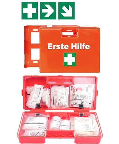FireMat Botiquín de primeros auxilios DIN 13157: 64 piezas + soporte de pared y placas de rescate con almohadilla de refrigeración