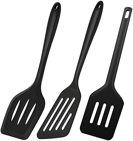 Slotted Spatula, 3 Pack Heat Resistant Silicone Slotted Wok Spatula Kitchen Turner for No Stick Frying Pan, Large Black BPA Free Silicone Spatula Set Dishwasher Safe Cooking Utensils