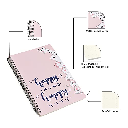 Image of Papboo A5 Handy, Happy Mind, Easy to Carry Spiral Wiro Notebook : 100 GSM Natural Shade Paper, Dot Grid, 120 Pages, Journal, Diary, Gift