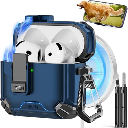 Image of Pohgelan Compatible with AirPods 4 Case (Blue) | Magnetic Automatic Lock with Phone Stand & Cleaning Kit,Compatible with Magsafe