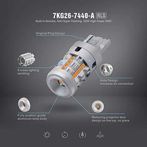 SIR IUS LED RLS 7440 7440A Built in Resistor Anti Hyper flashing LED Bulb Turn Signal Light Amber Orange Color Full Aluminum Body Single Filament Error Free Pack of 2 - Thumbnail 4