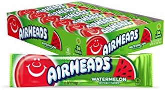 Airheads Candy, Watermelon Flavor, Individually Wrapped Full Size Bars, Taffy, Non Melting, Party, Pack of 36 Bars
