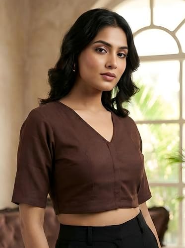 Image of Yash Gallery Women's Stretchable Rayon Lycra V-Neck Short Sleeve Front Open with Hook Stylish Crop Blouse Top for Ethnic Beige Designer Festive Choli Blouse