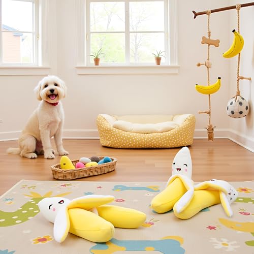 Cldaisy 3 x gelbe Bananenplüsch-Quietschspielzeug für Welpen, Hundespielzeug, Plüsch, Kauspielzeug für Hunde