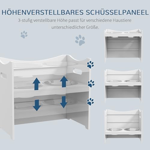 PawHut Erhöhter Hundenapf Höhenverstellbar Futternapf mit Ständer Wassernapf 2 x 2L Edelstahlnäpfen Langsamfutternapf verstellbar Fressnapf Futterstation Hundenäpfe für alle Hundegrößen, Weiß