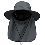 PFFY Sun Bucket Hats for Men Women 3” Wide Brim UPF 50+ Fishing & Beach Hat Darkgray (with Neck Flap)