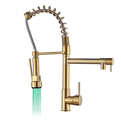 Rozin LED Light Spray Head Kitchen Sink Faucet Pull Down Spring Mixer Tap Gold Polished