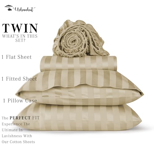 URBANHUT 800 Thread Count Egyptian Cotton Damask Striped Twin Size Sheets Set (3 Pc) - Ultra Soft & Smooth, Sateen Weave Twin Size Bed Sheets, Luxury Hotel Sheets with 16" Deep Pocket - Sand