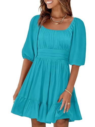 Image of ANRABESS Womens Lantern Short Sleeve Square Neck Casual Flowy Mini Dresses 2026 Holiday Summer Spring Beach Vacation Clothes