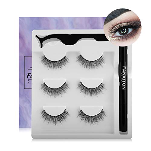 Natural False Eyelashes with Eyeliner Kit, FANXITON 3 Pairs Eyelashes with Magic Eyeliner - Strong Hold for Lashes - No Magnet and No Glue Needed - So Easy to Apply