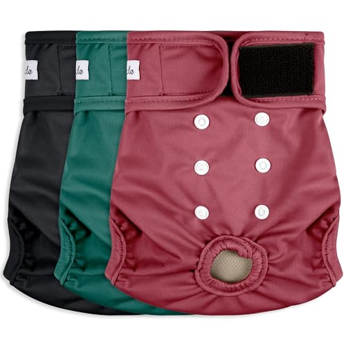Image of 3 Pack Female Dog Diapers - Reusable Diapers for Doggie in Heat - Highly Absorbent Dog Diapers Female for Pet Incontinence with Adjustable Snaps (Red,Grreen,Black, L)