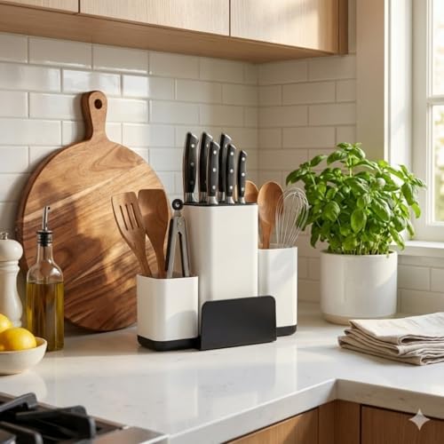 Bıçak Organizeri ve Mutfak Gereçleri Düzenleyici – Çok Bölmeli Kaymaz Tabanlı Modern Bıçaklık, Ahşap ve Metal Bıçaklara Uygun Saklama Standı, Kaşık Spatula ve Kepçe Düzenleyici