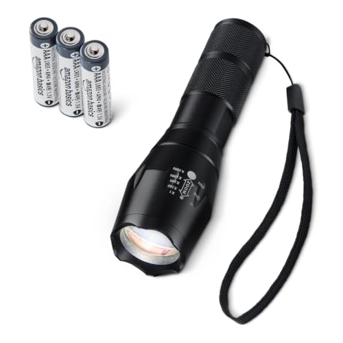 Image of Amazon Basics Handheld LED Flashlight, 200 Lumen, Adjustable Brightness Focus, 5 Light Modes, Water Resistant IPX4, Black