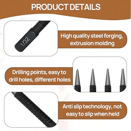 Ankörner Satz, Durchtreiber und Körner Set, Positionierstanzer 0.8, 1.6, 2.4, 3.2mm, 4 Stück Zentrierloch-Set, 4-teilig, Automatischer Körner Zentrum Locher Nagelhilfe