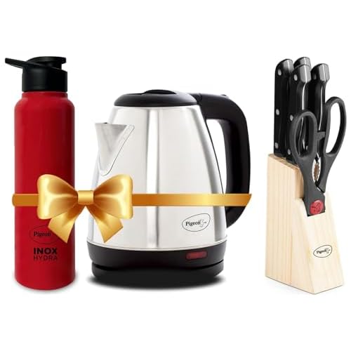 Pigeon 1.5 litre Hot Kettle and Water Bottle Combo (Silver) & Angular Holder Shears Kitchen Knifes 6 Piece Set with Wooden Block,