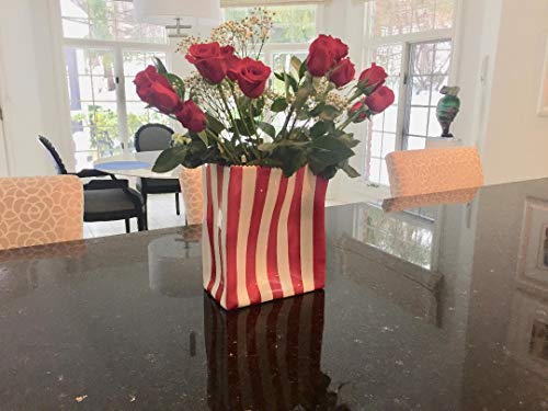 Popcorn University Ceramic Popcorn Container With Lid - Decorative Cookie Jar For Kitchen Counter Food Storage, Table Centerpiece, Vase & More - Red Striped Home Movie Theater Room Décor, 13"X4.5"X8" #TOP6