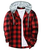 ZITY Men's Flannel Hoodie Shirts Casual Button Down Plaid Shirt Jackets for Men Long Sleeve Stylish Hooded with Pocket Black Red 3X-Large