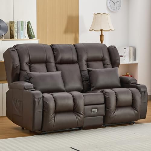 Image of IPKIG 67 inch RV Loveseat Double Recliner Sofa with FILP Back Console, Storage Drawer, Side Pockets, Faux Leather Manual Reclining Chair Home Theater Seating (Brown)