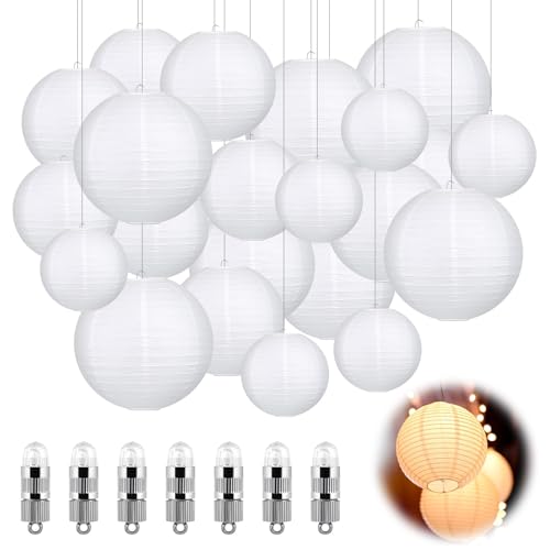 Idota 30 Stück Papierlampions Weiß mit LED Lichter, Hängende...