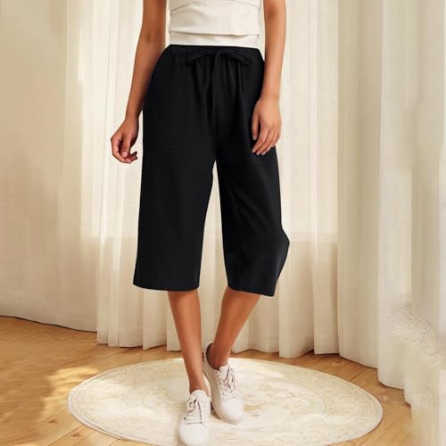 Linen Capris Pants for Women Summer Drawstring High Waisted Yoga Pants Comfy Soft Baagy Lounge Trousers with Pockets2