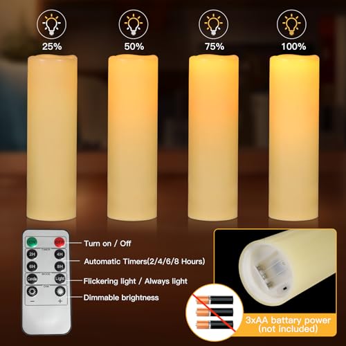 Image of 14 inch x 4 inch Large Outdoor Candles Waterproof Flickering LED Flameless Candles Battery Operated with Timer - Realistic LED Pillar Candles with Remote for Wedding Festival Home Decor Ivory 2 Pack