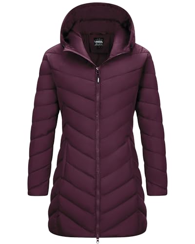 Outdoor Ventures Damen Wintermantel Langer Warmer Steppmantel Leicht Parka Wasserdicht Winterjacke mit Kapuze Funktionsjacke Übergangsjacke Weinrot XL