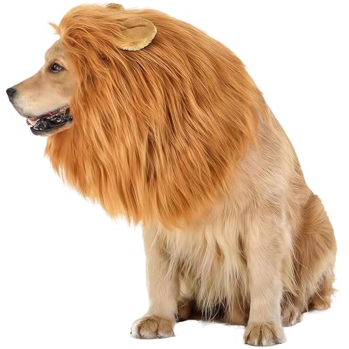 MUNSKT Löwenmähne Perücke mit Ohren, verstellbares Haustierkostüm mit Ohren für Hundekostüme, Mähne, Löwenhaar, Hundekleidung, Kleid für Halloween, Weihnachten, Party, Aktivität, Größe L