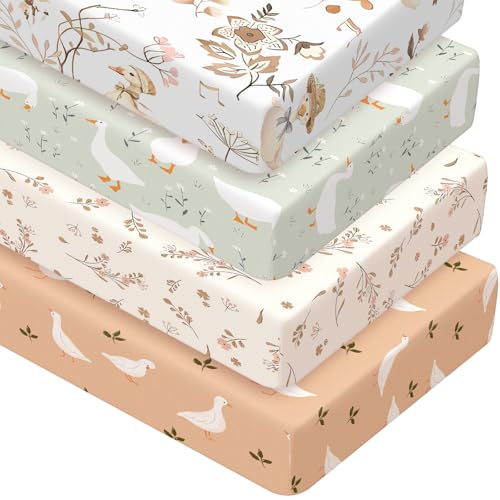 Image of Peryiter 4 Pack Crib Sheets for Baby Brown Silly Goose Soft Baby Bed Sheet Set 52'' x 28" Nursery Crib Sheets for Standard Bed Toddler Mattress Nursery Decor Boys Girls Kids