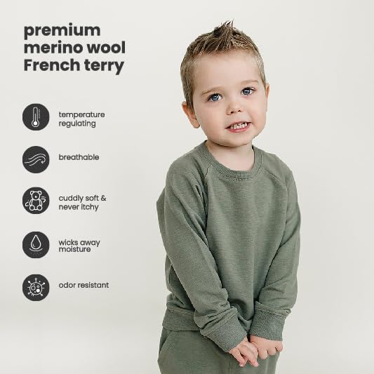 Woolino Soft Merino Wool Kids Sweatshirt - Crewneck Pullover Sweatshirt for Boys & Girls - Breathable, Moisture-Wicking & Temperature-Regulating Sweater, Olive, 1-2 Years2