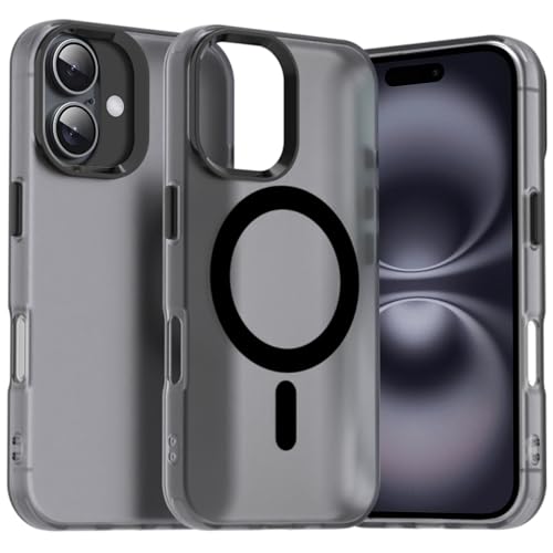 Image of Elzzi Translucent Matte Back Cover for iPhone 16 Case, Shockproof Anti-Fingerprint Phone Cover with Magnetic Wireless Charging, MagSafe Compatible Protective Case for Men & Women (Black)
