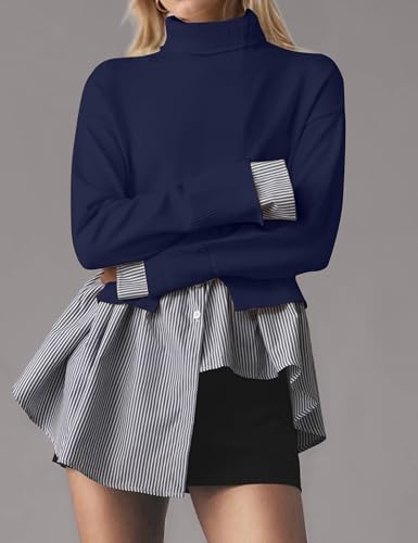Image of MISSACTIVER Women Slit Turtleneck Patchwork Sweater 2 in 1 Buttons Down Pullover Knit Sweater Asymmetrical Hem Shirt Top