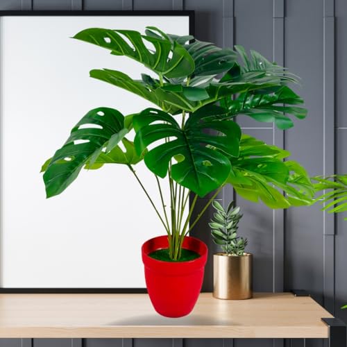 Image of Dekorly Artificial Palm Plants Leaves Faux Turtle Leaf Fake Monstera Tropical Large Palm Tree Leaves Outdoor UV Imitation Leaf Decorations (Red Pot Monstera)