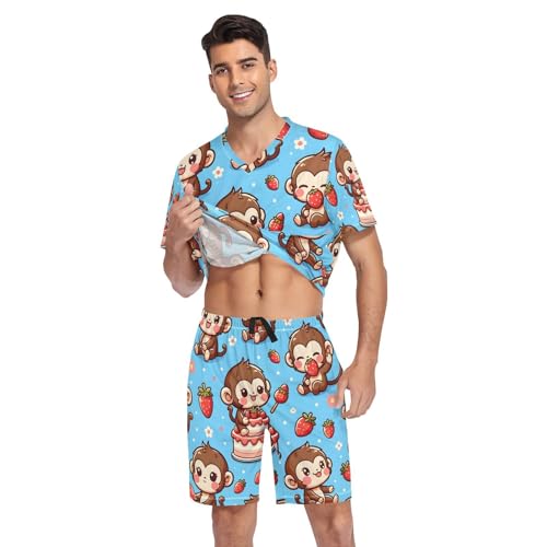 Men's Pajama Set Cute Monkey Strawberries Cake Short Sleeve with Shorts Pockets Sleepwear Set Summer Loungewear3