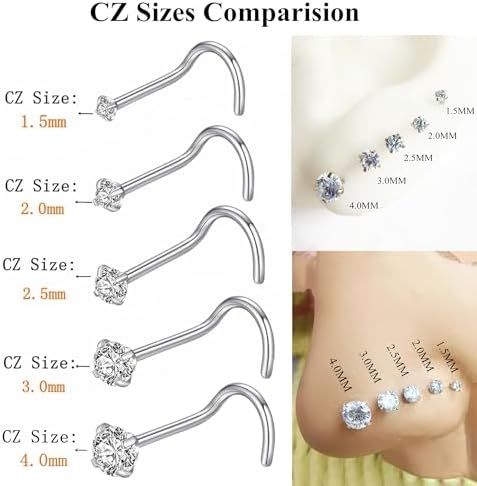 BLESSMYLOVE 316L Surgical Steel 22g/20g/18g Nose Rings Studs L-Shape Nose Nostrial Piercing Body Jewerly L Shaped Nose Studs 1.5mm 2mm 2.5mm 3mm CZ Nose Screw Studs Rings for Women