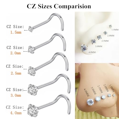 BLESSMYLOVE 316L Surgical Steel 22g/20g/18g Nose Rings Studs L-Shape Nose Nostrial Piercing Body Jewerly L Shaped Nose Studs 1.5mm 2mm 2.5mm 3mm CZ Nose Screw Studs Rings for Women