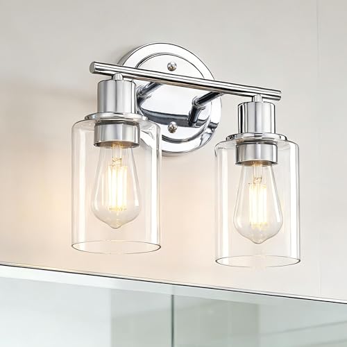Image of 2-Light Chrome Bathroom Vanity Light Fixture Over Mirror,Chrome Vanity Lights for Bathrooms,2 Bulb Bathroom Wall Light Over Sink