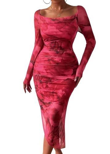 Image of MOEENCN Sexy Women's Bodycon Midi Dress Long Sleeve High Slit Cowl Neck Floral Print Cocktail Party Club Ruched Dresses
