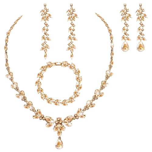 Landical Wedding Jewelry Set for Women Bridal Bridesmaid Accessories Necklace Bracelet Earrings for Party(Brown Gold)