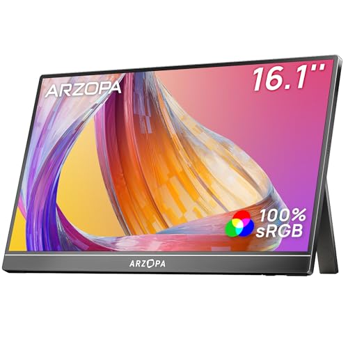 ARZOPA 16.1' Portable Monitor, 1920×1080 FHD IPS 100% sRGB Tragbarer Monitor für Laptop mit Einzelstange, Unterstützt HDMI/Typ-C/USB-C, Augenschutz-Gaming-Bildschirm für Laptop/PC/Mac/PS3/4/5/Xbox
