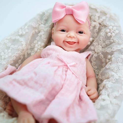 MYREBABY 7" Reborn Baby Doll Silicone Full Body Miniature Realistic Newborn Doll Lifelike Eyes Open Smile Baby Girl Looking Real with Pink Dress Accessories for Kids Birthday Gift