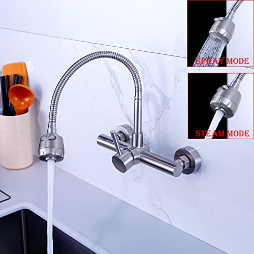 Zhyich Kitchen Sink Faucet Wall Mount 8" Inch Center With Sprayer, Stainless Steel Mixer Tap, Nickel Brushed Unility Sink Faucet, Nsf, Lead-Free #TOP2