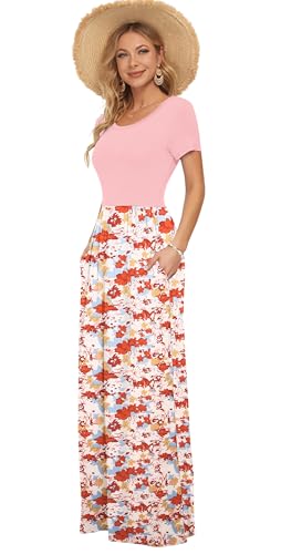 Image of AUSELILY Women's Summer Short Sleeve Loose Plain Casual Long Maxi Dresses | Year Round wear solid floral print, Casual wear, Empire waist, Floor length, Side pockets