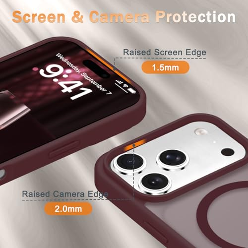 Image of YENAPOON for iPhone 17 Pro Max Case, Matte Magnetic Phone Cover [with 1 Screen Protector] [Support for MagSafe] [Shockproof Military Grade Protection] Translucent Frosted Back, Wine Red
