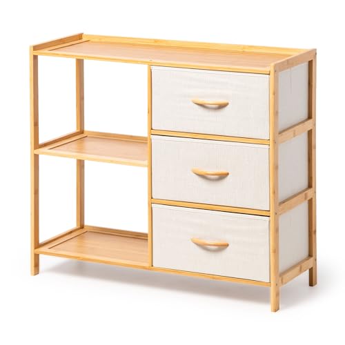 ATAA Estanteria con Cajonera Giant- Estantería de bambú Giant con 3 cajones de Tela – Mueble Organizador sostenible y Ligero – Ideal para Dormitorio, habitación Infantil o Pasillo