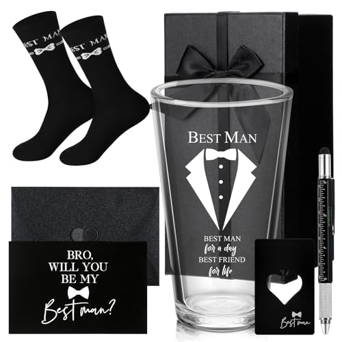 Qinyoung 7 Pcs Best Man Gifts Wedding Proposal Gift for Groomsman 16 oz Beer Glass Cup Bottle Cap Opener Socks Multi Tool Ballpoint Pen with Greeting Card Black Envelope Box(Best Man)