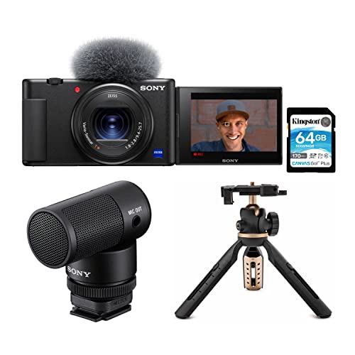 Sony Zv-1 Camera For Content Creators And Vloggers Bundle With Shotgun Microphone, Extendable Tripod With Built-In Phone Mount And Memory Card (4 Items) #TOP7
