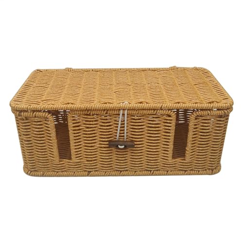 Caja de gestión de cables, funda de almacenamiento de alambre tejida a mano, organizador de cables de ratán de imitación, soporte de cables de 4 ranuras de 13 x 5.9 x 5.1 pulgadas para cables