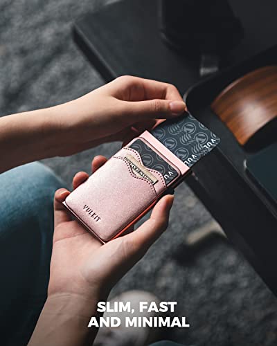 Image of VULKIT Credit Card Holder Minimalist Slim Pop Up Wallet with Leather Slots RFID Blocking for Men and Women Holds 7 Cards and Notes Pearl Pink