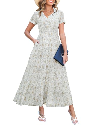 Image of Kranda Women 2026 Summer Collared V Neck Short Sleeve Button Down Chiffon Long Tiered Floral Maxi Dress with Pockets