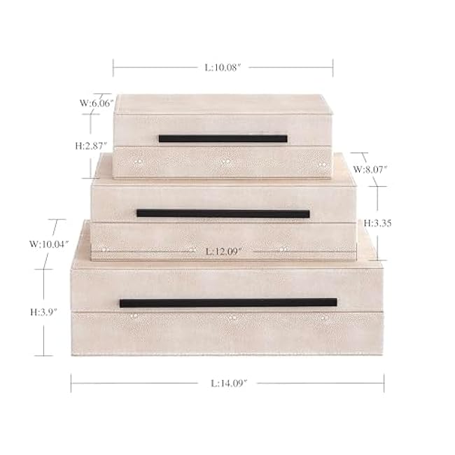 Ivory Shagreen Decorative Boxes with Lids Set of 3 - Large Leather Stacking Storage Boxes for Home Decor, Black Metal Handle Remote Control Box, Modern Jewelry Box for Shelves, Coffee Table